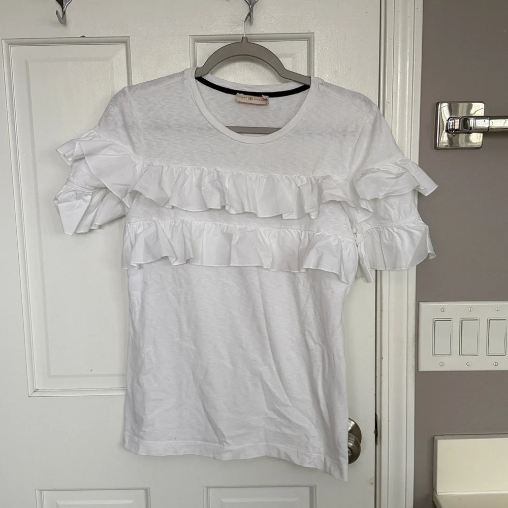 Tory Burch Frill Ruffle Tshirt Cotton Poplin Detail Crewneck White